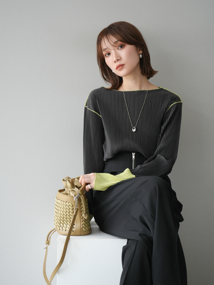 [予約]バイカラープリーツトップス/チャコール