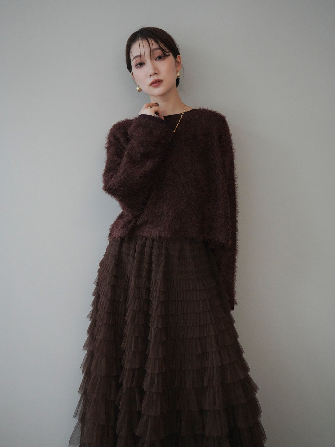 [予約]バイカラー2WAYシャギーニットカーディガン/brown