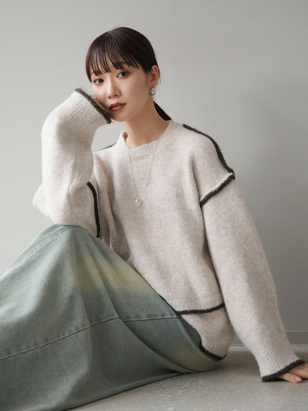 [預訂] 色彩協調針織套頭衫/象牙色