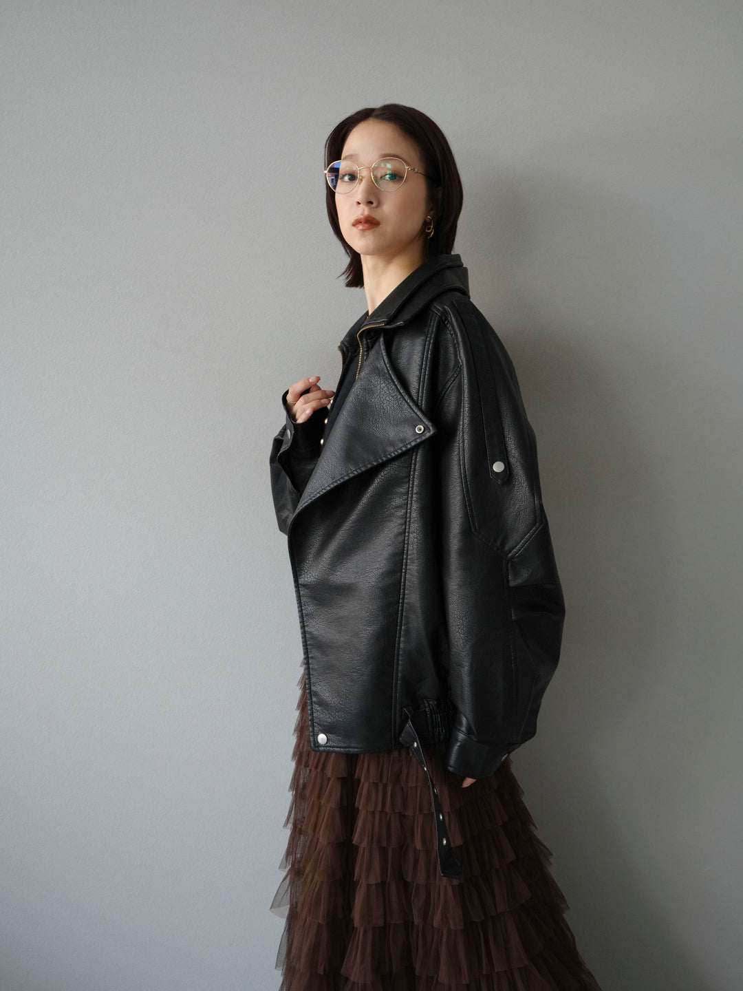 [予約]スタンドカラーフェイクレザーブルゾン/ブラック