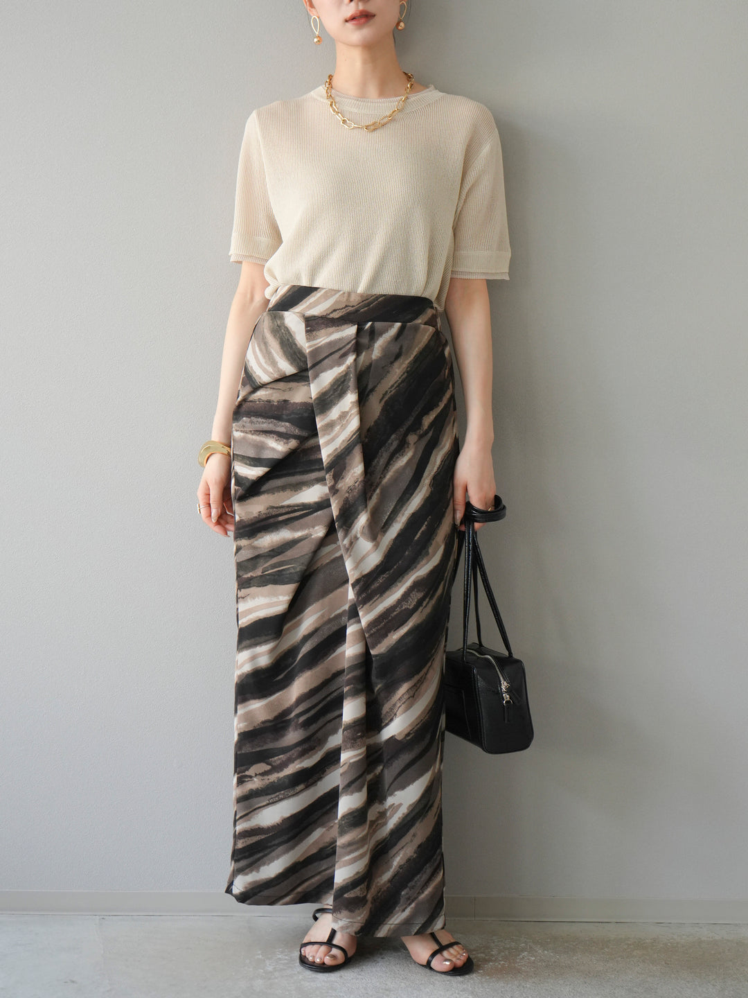 [SET]リネンタッチ配色二重臼ハーフニットトップス+選べるアソート柄スカートセット(2set)