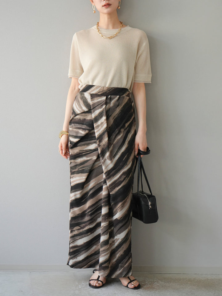 [SET]リネンタッチ配色二重臼ハーフニットトップス+選べるアソート柄スカートセット(2set)