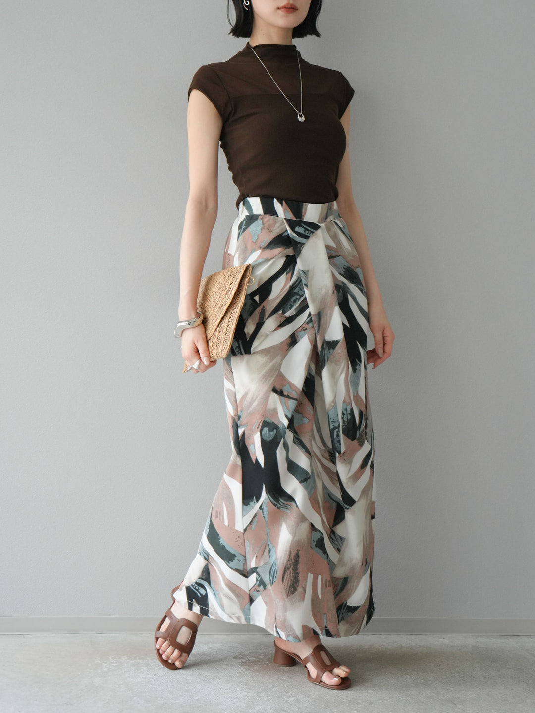 [預購] 度假風印花褶襉I字裙/綠色