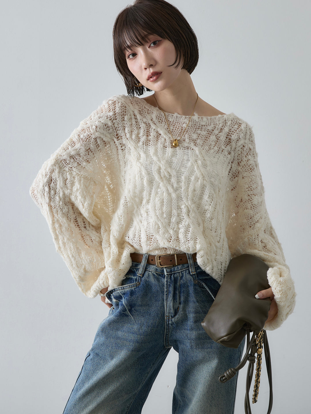 [予約]透かし編みオーバーニットプルオーバー/white