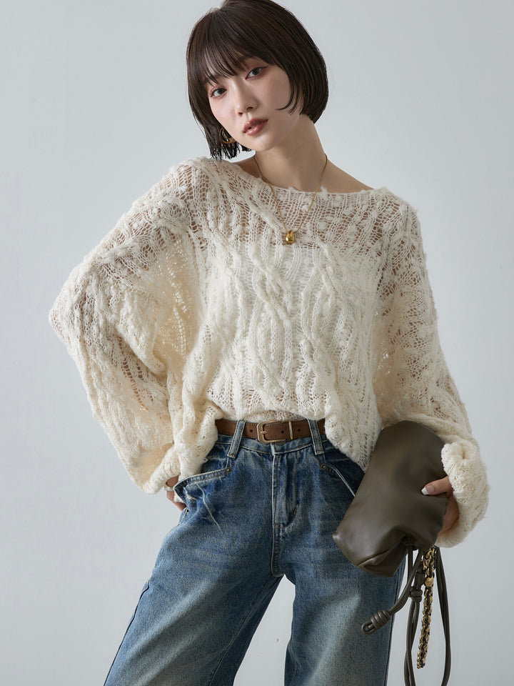 [予約]透かし編みオーバーニットプルオーバー/white
