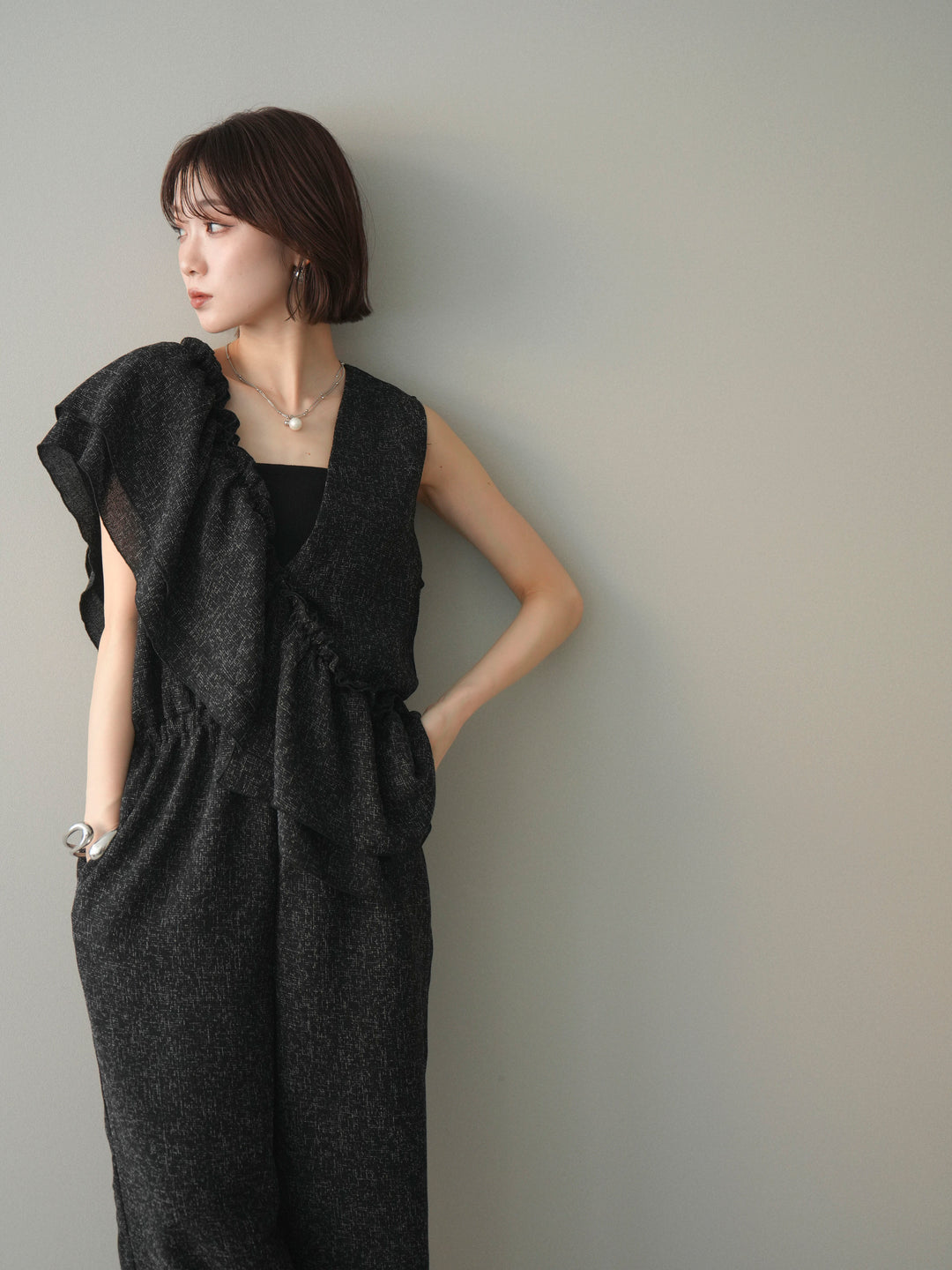 [SET]3WAYミックスツイードギャザーオールインワン+選べるアクセセット(2set)