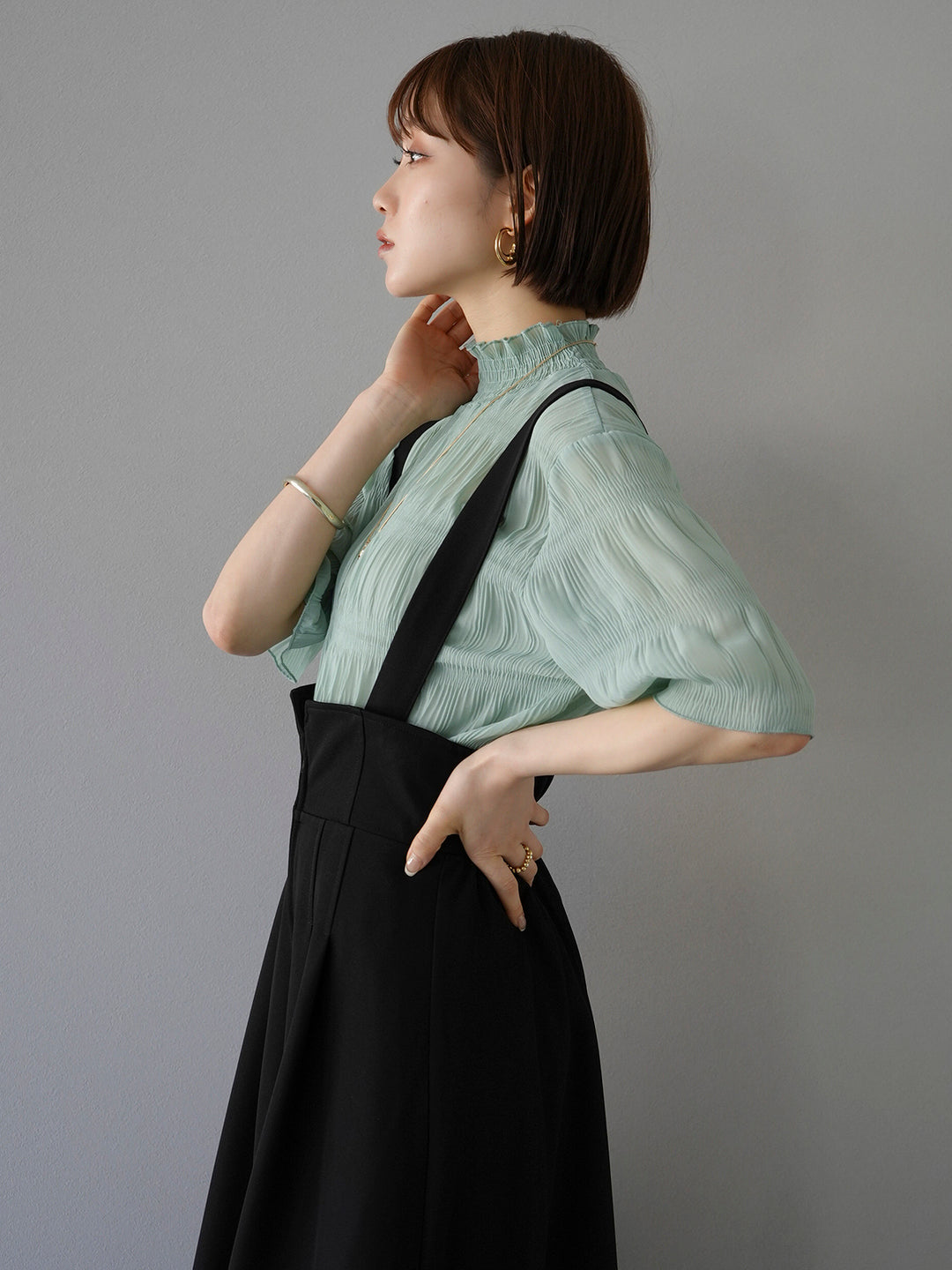 [SET] Shirring chiffon half sleeve blouse + 2WAY flare jumper skirt (2set)