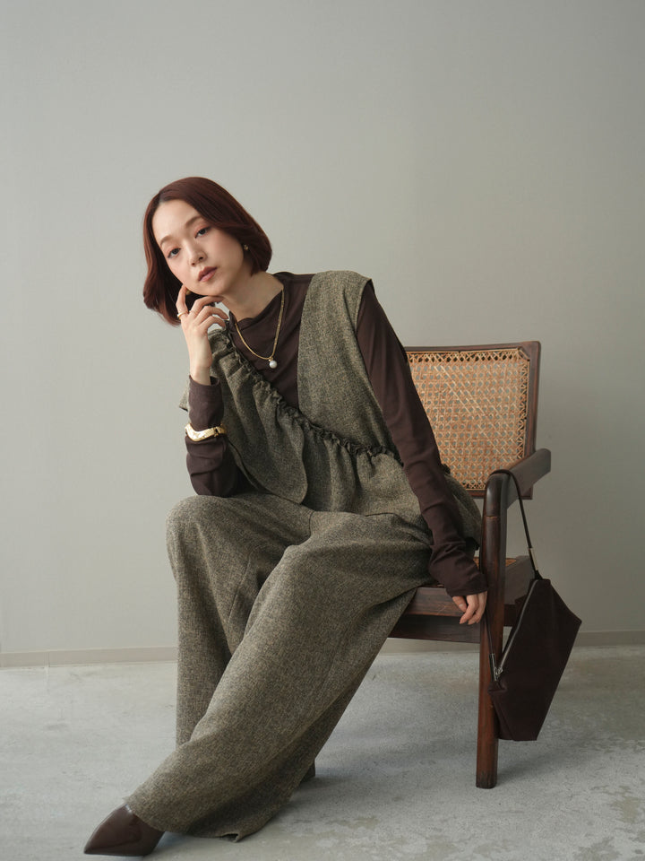 [SET]3WAYミックスツイードギャザーオールインワン+シアープチネックストレッチトップス(2set)