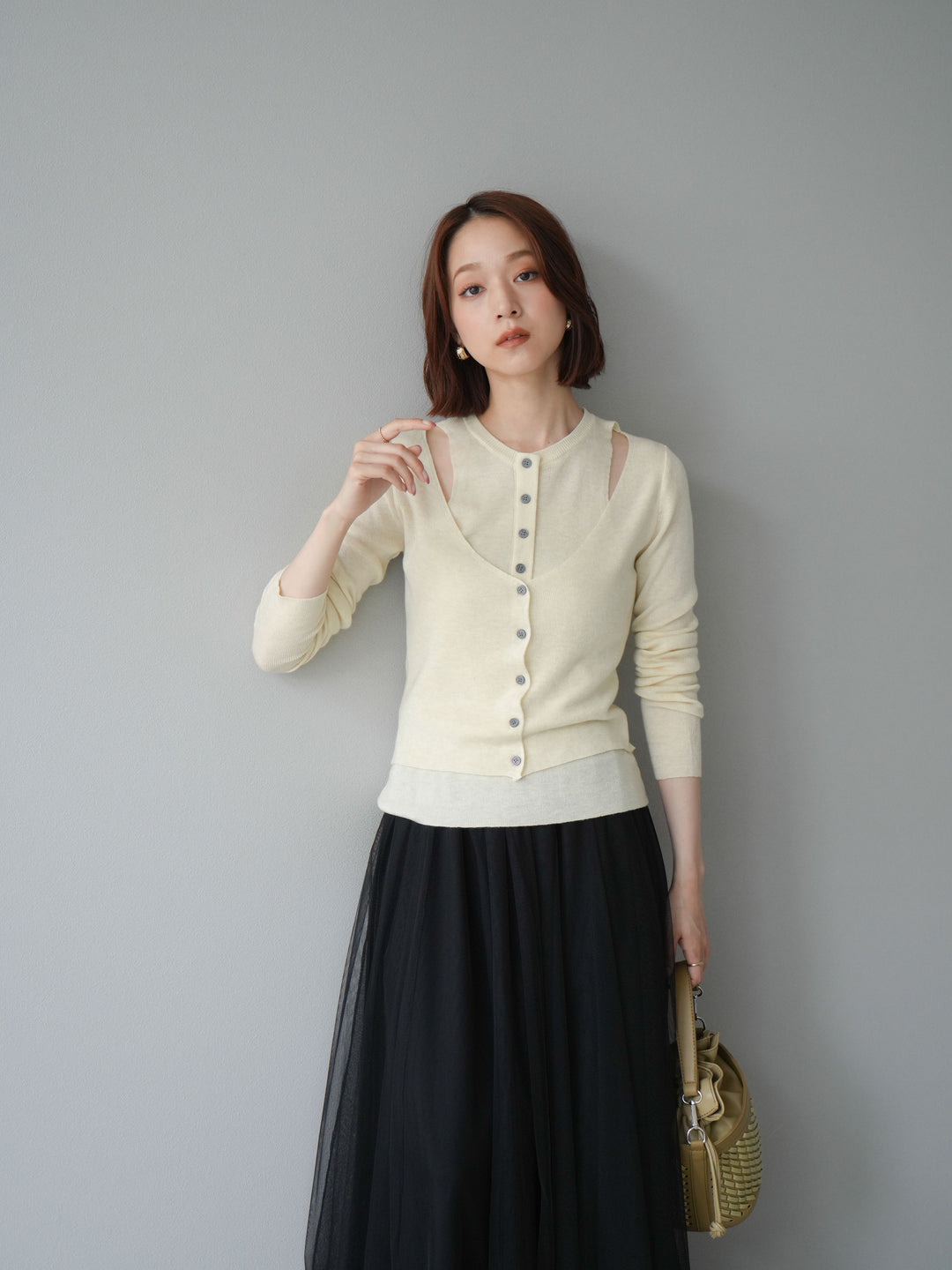 [予約]レイヤードデザインニットカーディガン/アイボリー