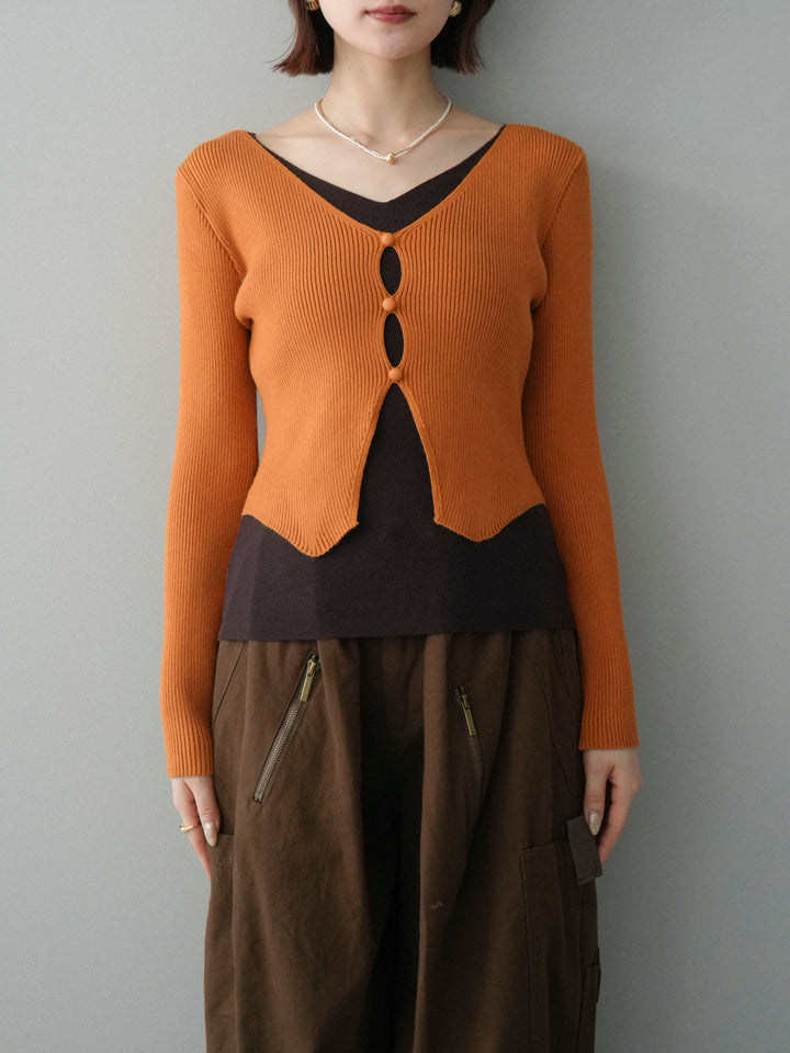 [予約]Vネック配色レイヤードスリットニットトップス/orange