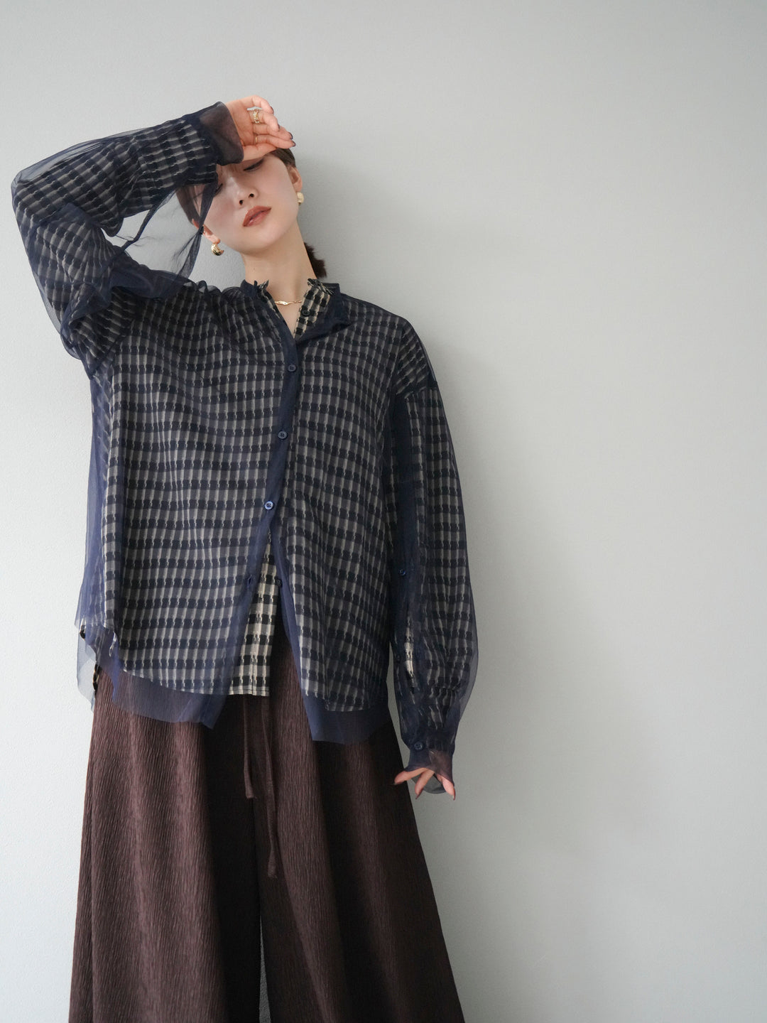 [予約]チェック柄2WAYスリーブバンドカラーシャツ/ベージュブラック