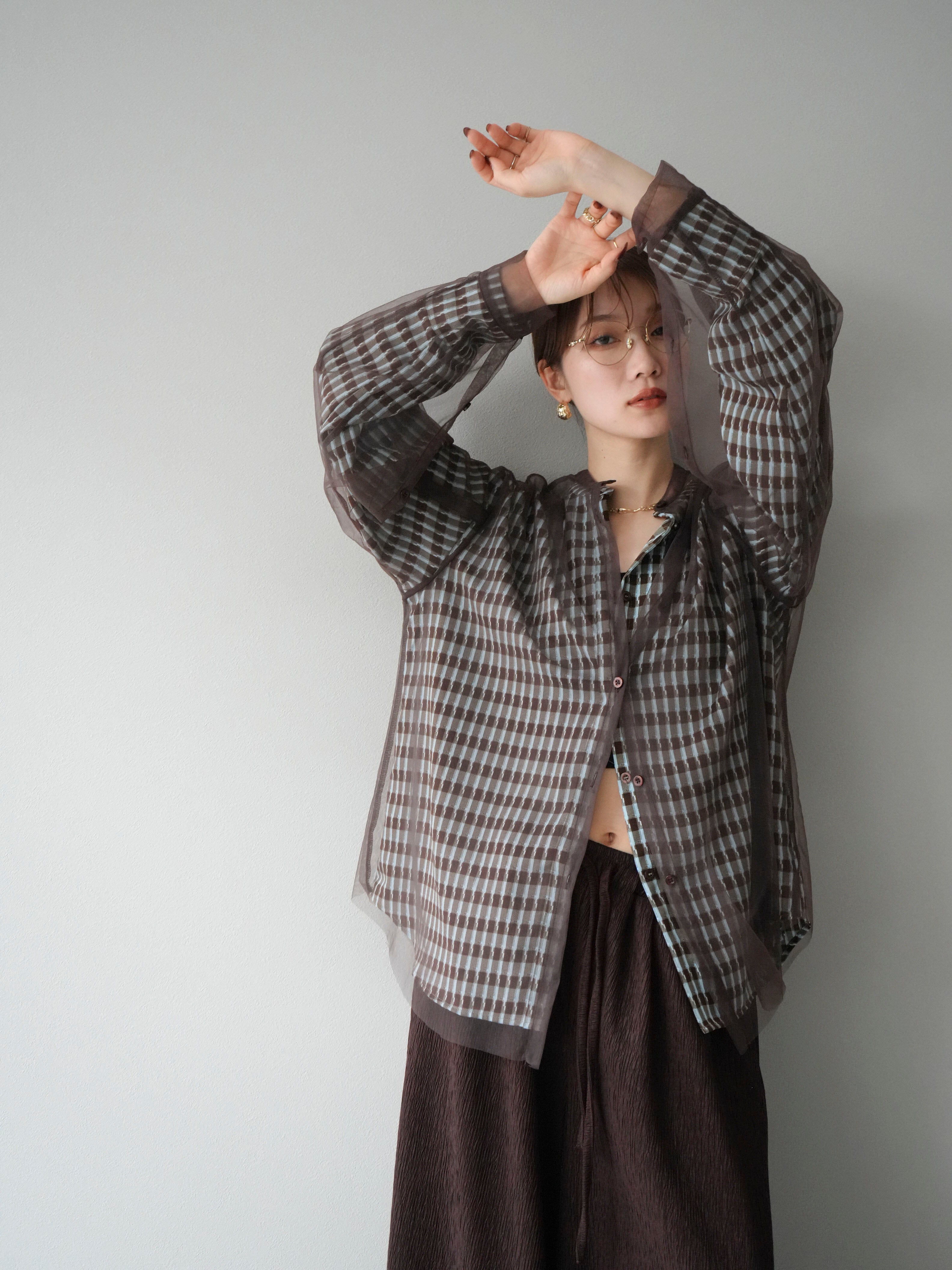 予約]チェック柄2WAYスリーブバンドカラーシャツ/ブルーブラウン – Lumier