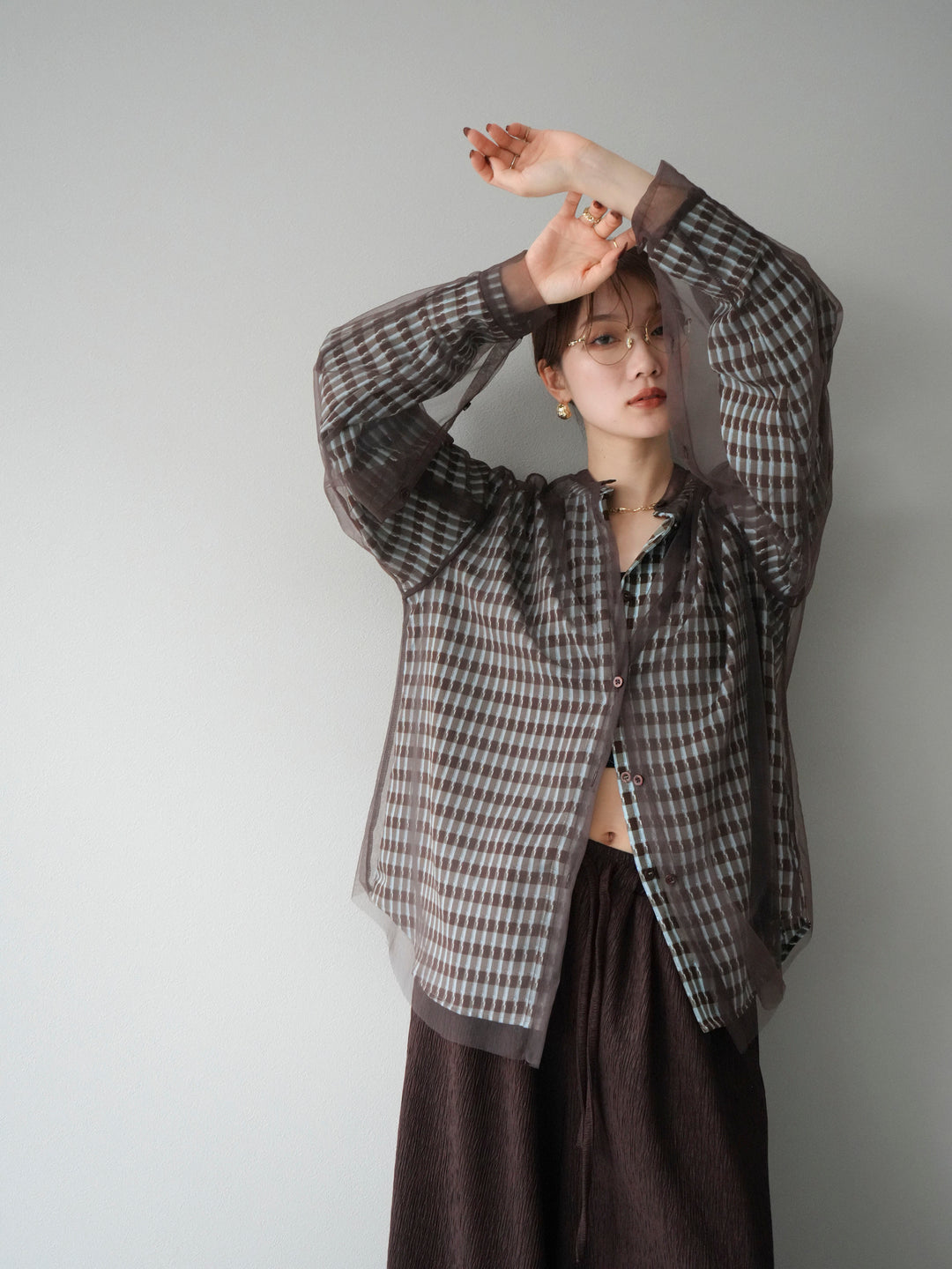 [予約]チェック柄2WAYスリーブバンドカラーシャツ/ブルーブラウン