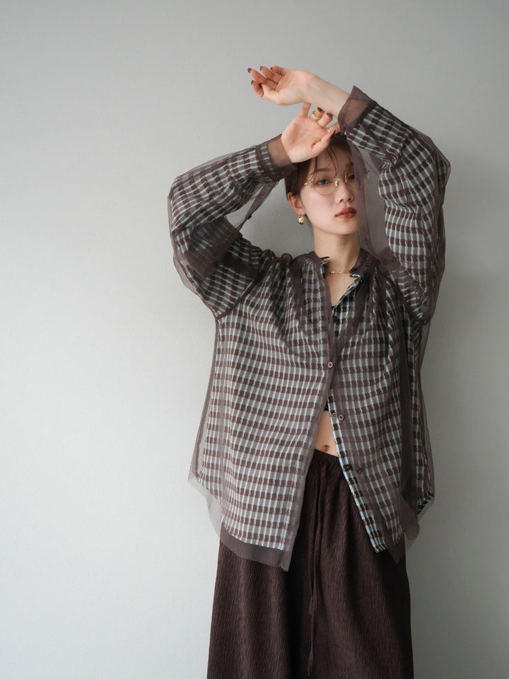 [予約]チェック柄2WAYスリーブバンドカラーシャツ/ブルーブラウン