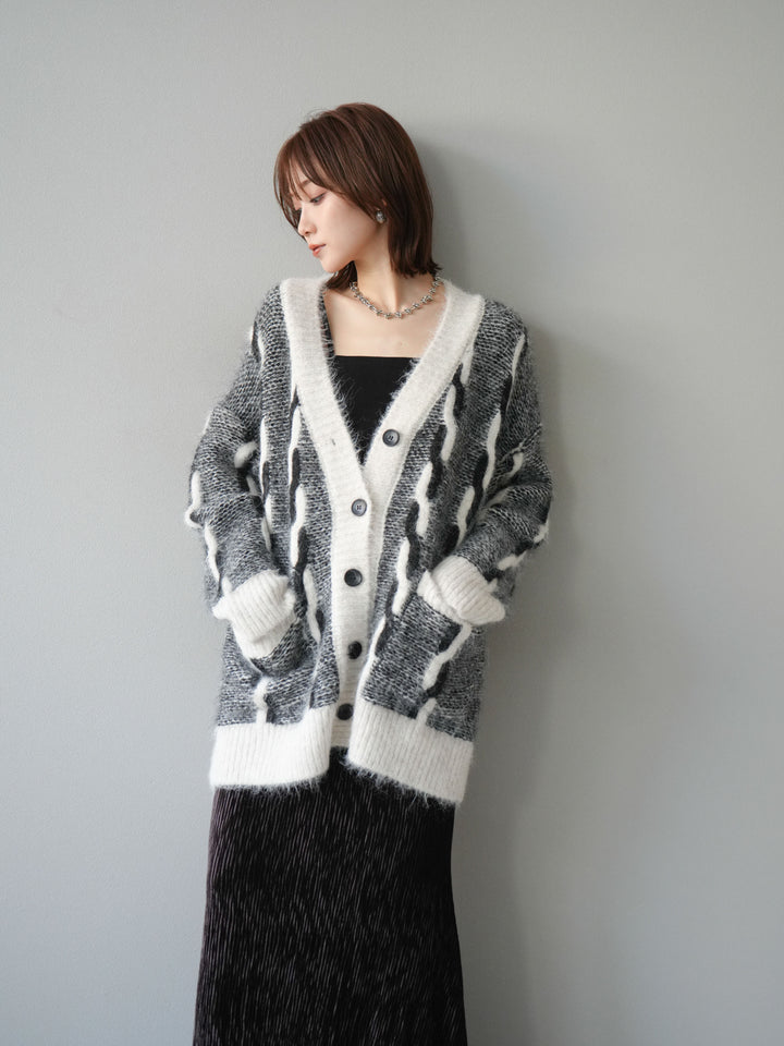 [SET]バイカラー編み込みデザインニットカーディガン+ベロアプリーツナロースカート(2set)