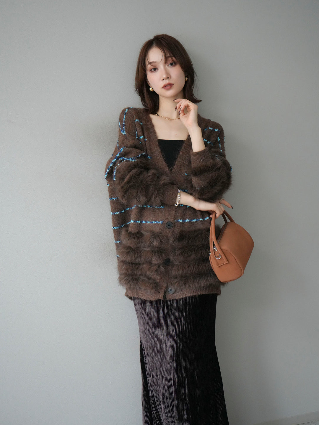 [SET]フェザーライン配色シャギーニットカーディガン+ベロアプリーツナロースカート(2set)