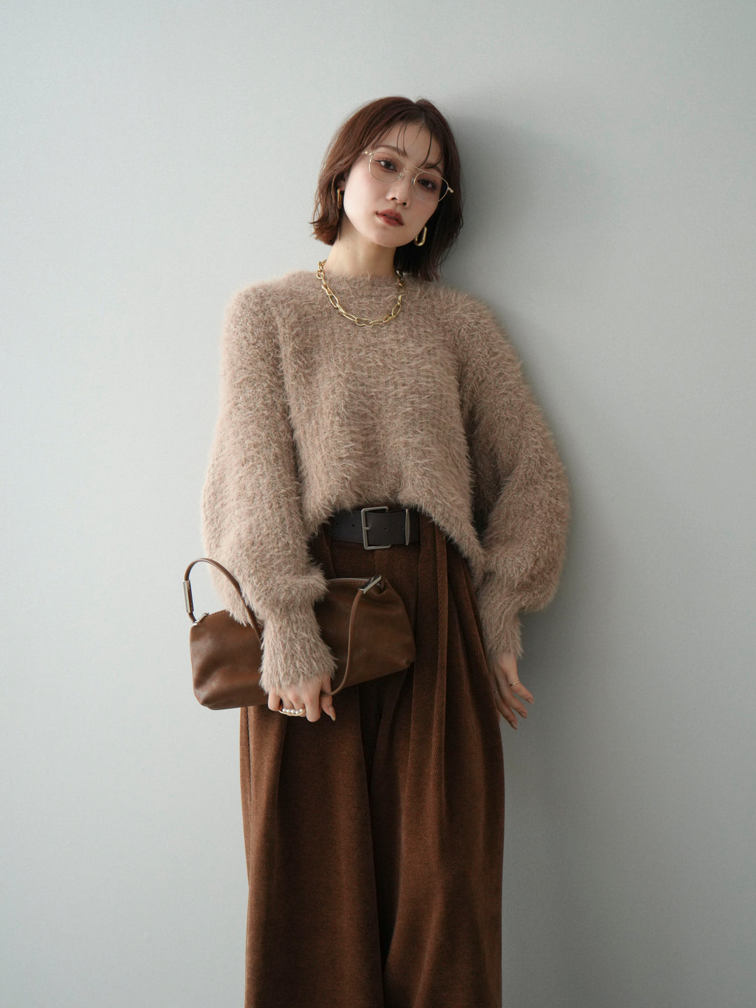 [予約]ボリュームスリーブシャギー MIXニットプルオーバー/brown