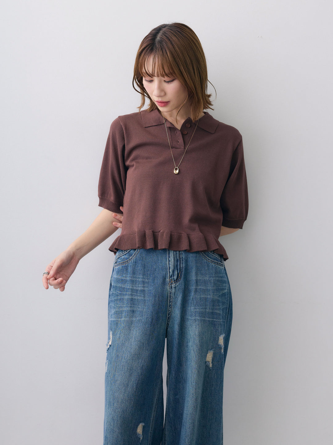 [SET]クールタッチポロフリルニットプルオーバー+選べるアクセセット(2set)