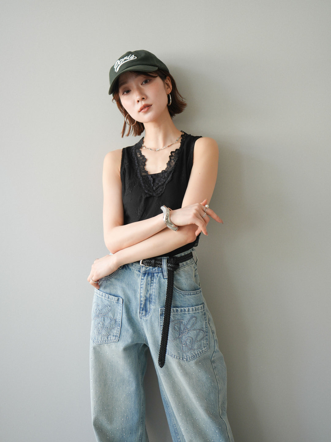 [予約]シアーストレッチレースノースリーブトップス/black