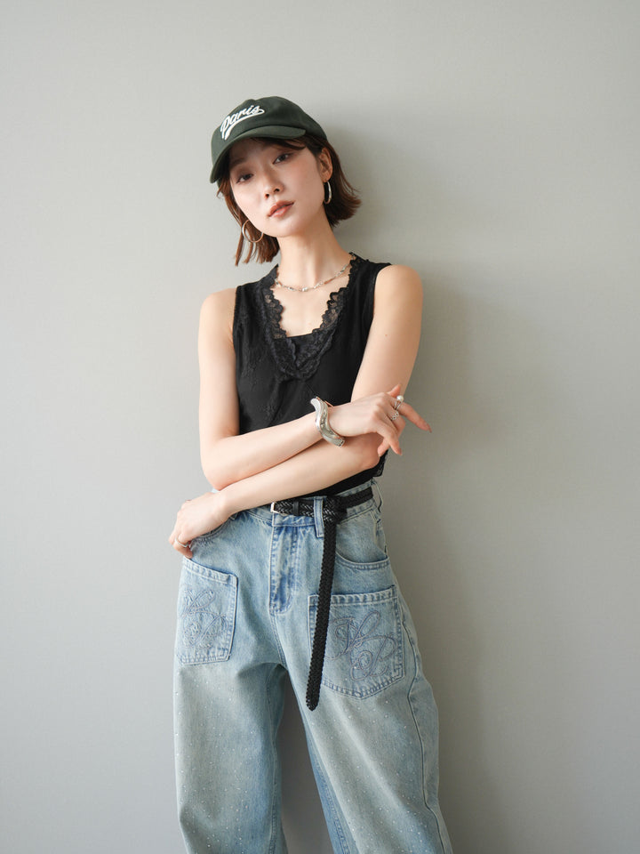 [予約]シアーストレッチレースノースリーブトップス/black