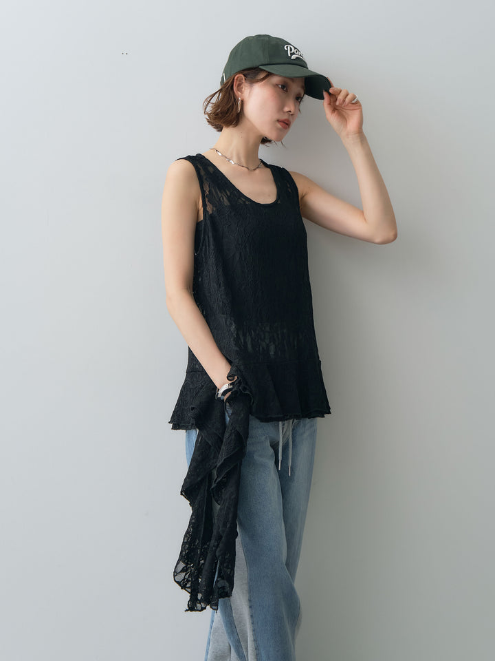 [予約]ラッフルレースアシメペプラムノースリトップス//black