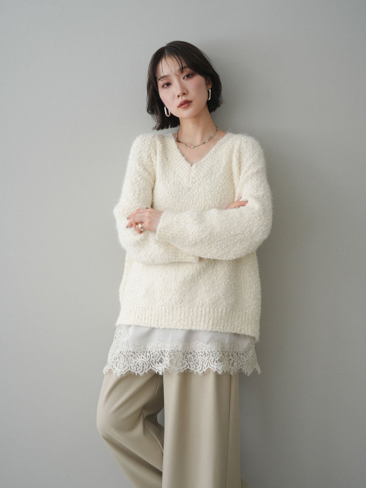 [SET]Vネックスラブニットプルオーバー+選べるアクセセット(2set)