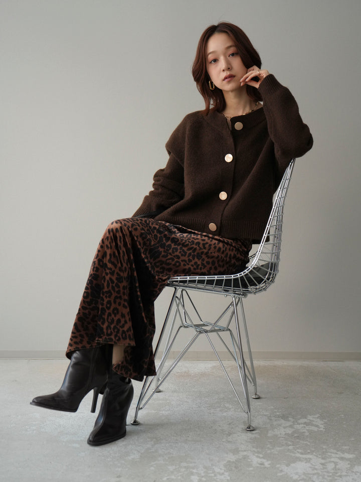 [SET]BIGボタンニットカーディガン+レオパードベロアナロースカート(2set)