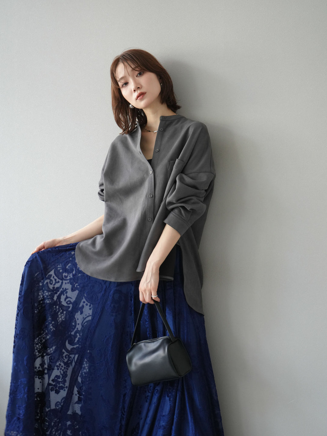 [予約]スエードバンドカラーオーバーシャツ/チャコール