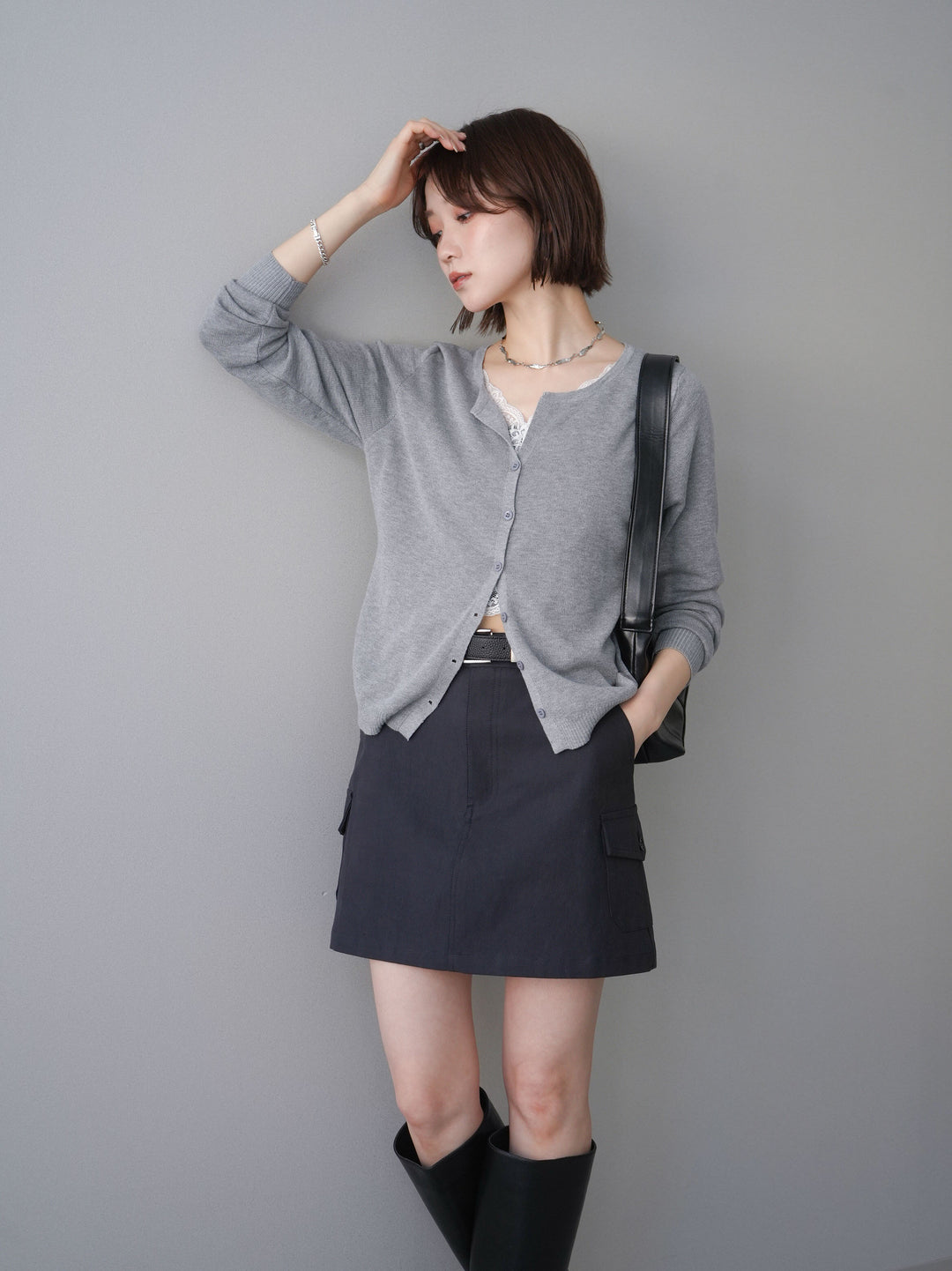 [予約]レースレイヤードニットカーディガン/gray