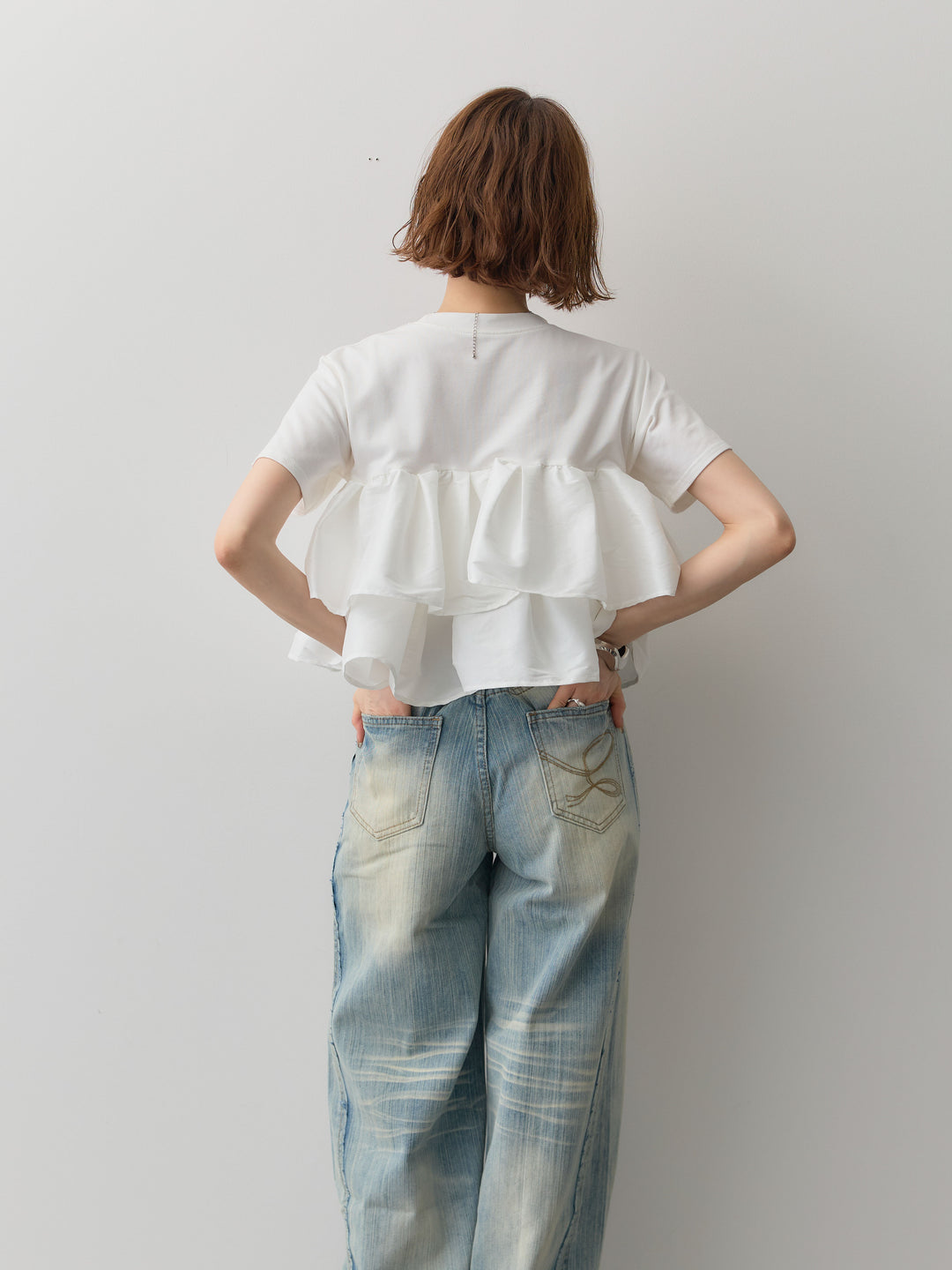 [SET]フリルティアードTEE+縦ウォッシュワイドデニムパンツ(2set)