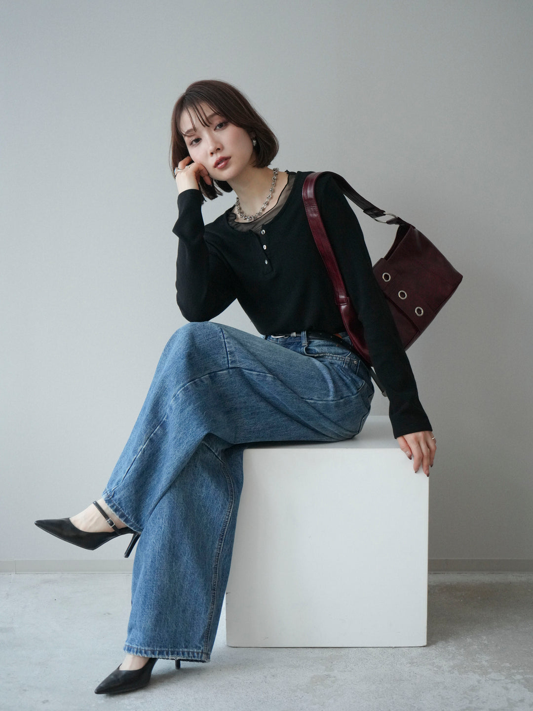 [予約]チュールレイヤードヘンリーネックカットソー/black