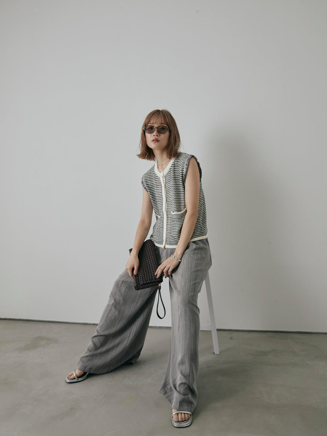 [予約]ボーダー袖フリンジニットベスト/オフ