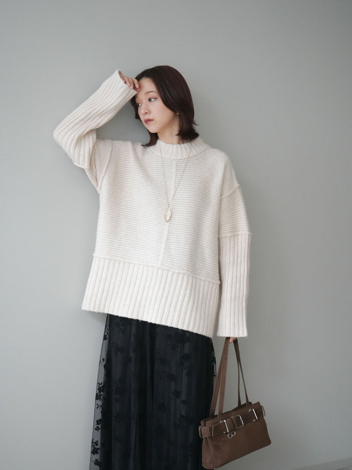 [SET]編み地切替ボトルネックニットプルオーバー+フラワーフロッキーチュールプリーツスカート(2set)
