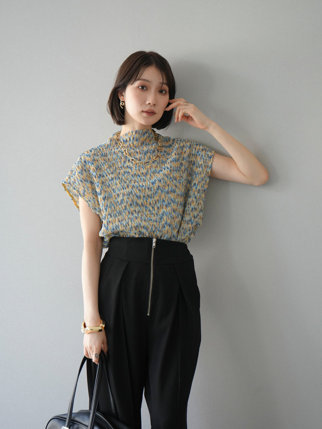 [SET] 多色隨機百褶法式上衣+拉鍊褶襉寬褲（2件套）