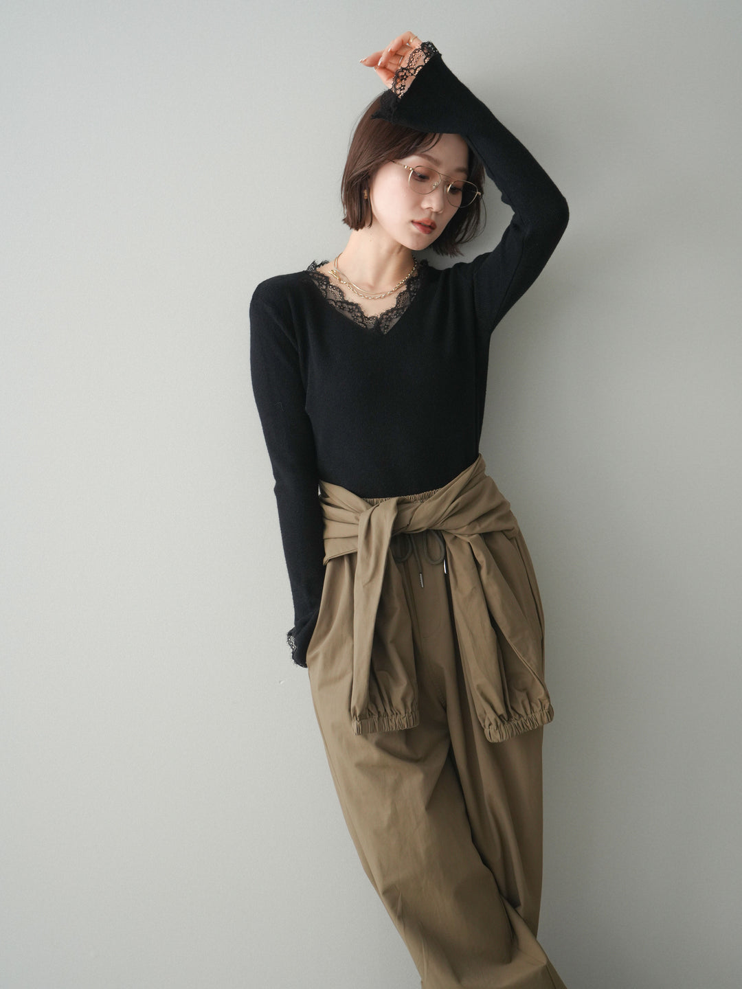 [SET]レースドッキングVネックニットトップス+レースドッキングVネックニットトップス(2set)