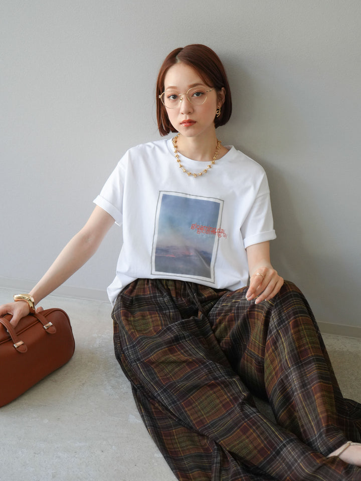 [SET] 薄紗層疊印花T卹 + 透視格紋寬鬆褲 (2件套)
