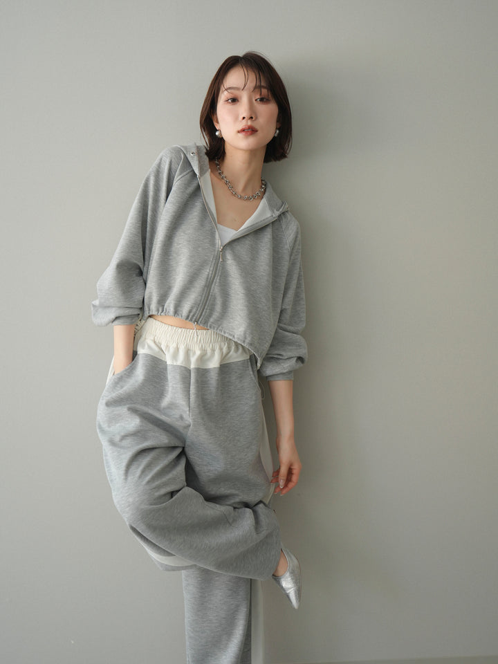 [予約]バイカラー異素材ライトポンチクロップドZIPフーディー/gray