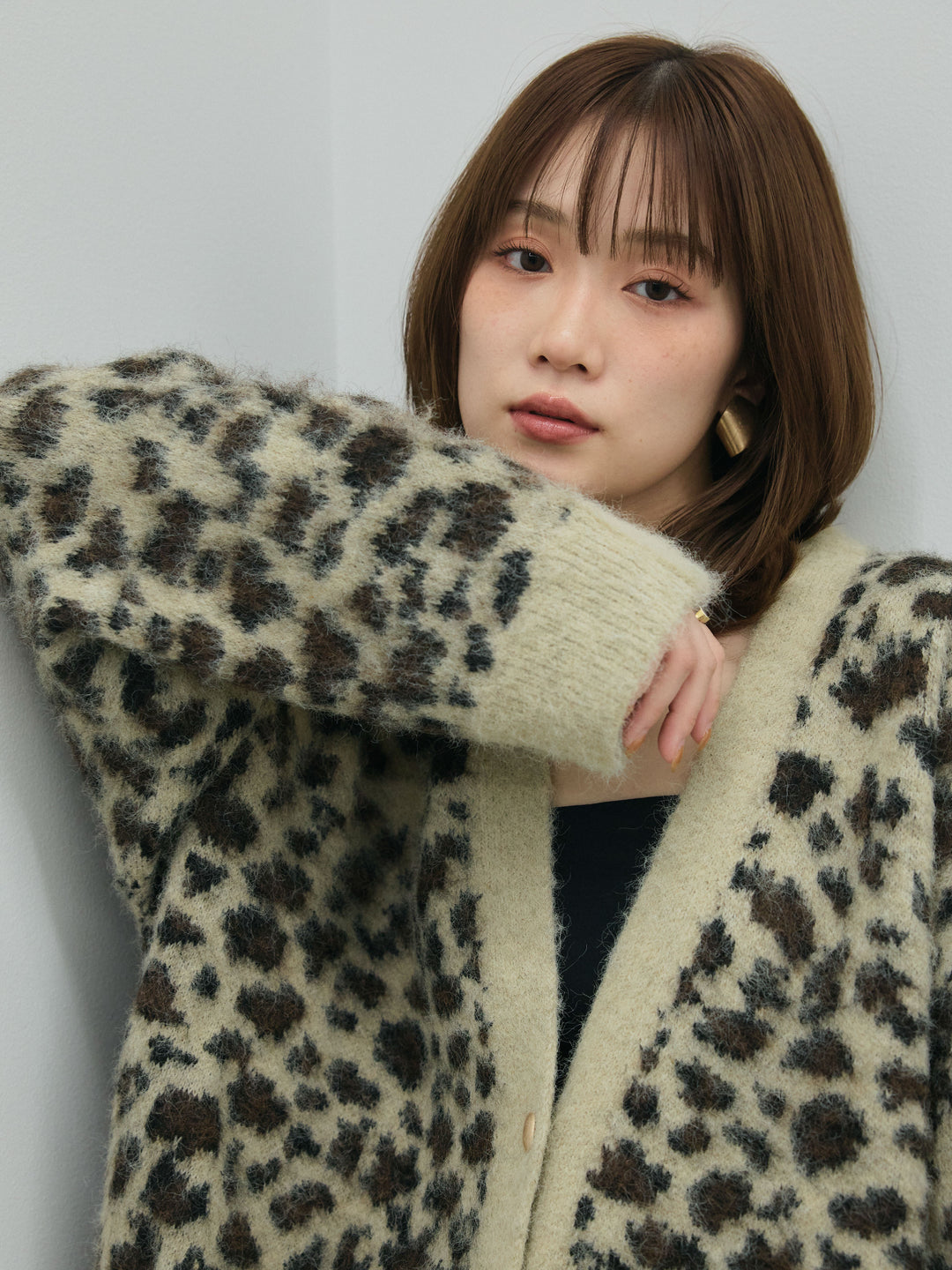 【Allure】[SET]レオパードシャギーニットカーディガン+コーデュロイタックワイドパンツ(2set)