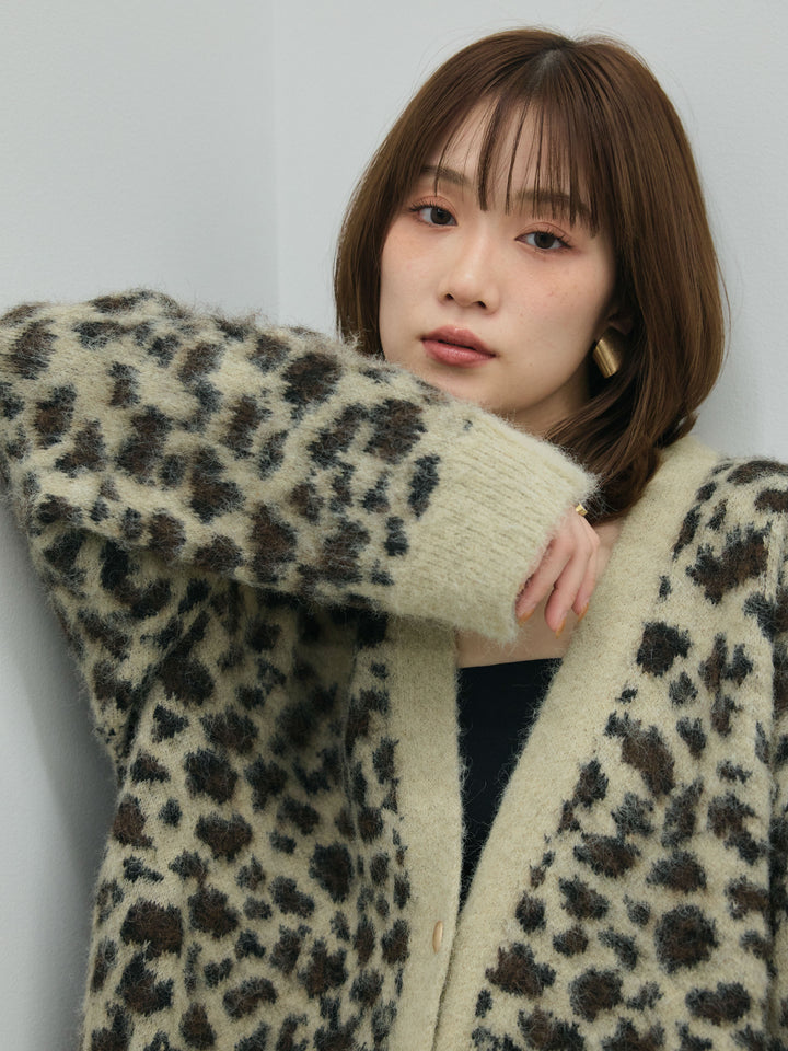 【Allure】[SET]レオパードシャギーニットカーディガン+コーデュロイタックワイドパンツ(2set)