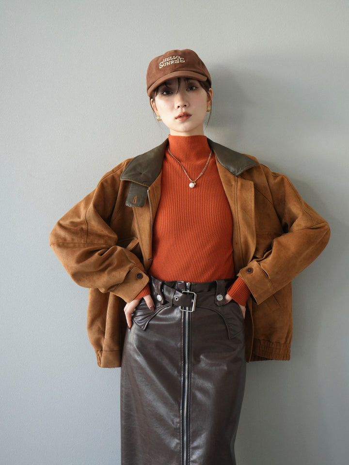 [予約]袖ボタンボトルネックリブニットトップス/オレンジ