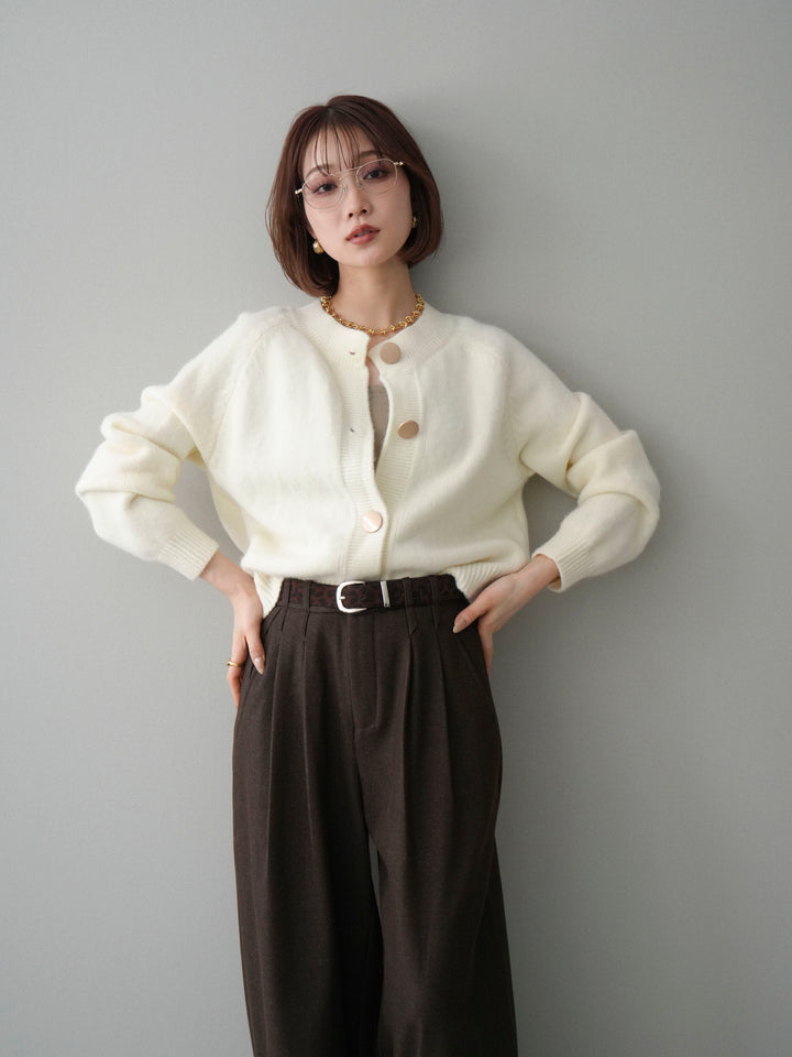 [SET]BIGボタンニットカーディガン+アニマル柄ベルト付きウールタッチワイドパンツ(2set)