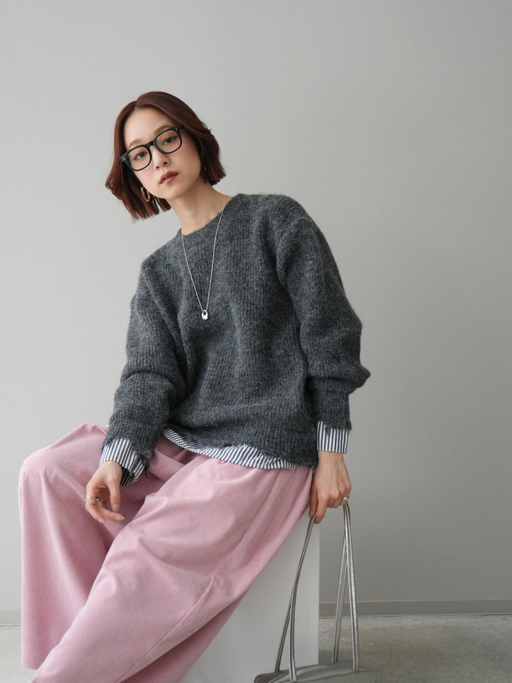 [SET]裾シャツレイヤードダメージニットプルオーバー+コーデュロイサイドタックコクーンパンツ(2set)