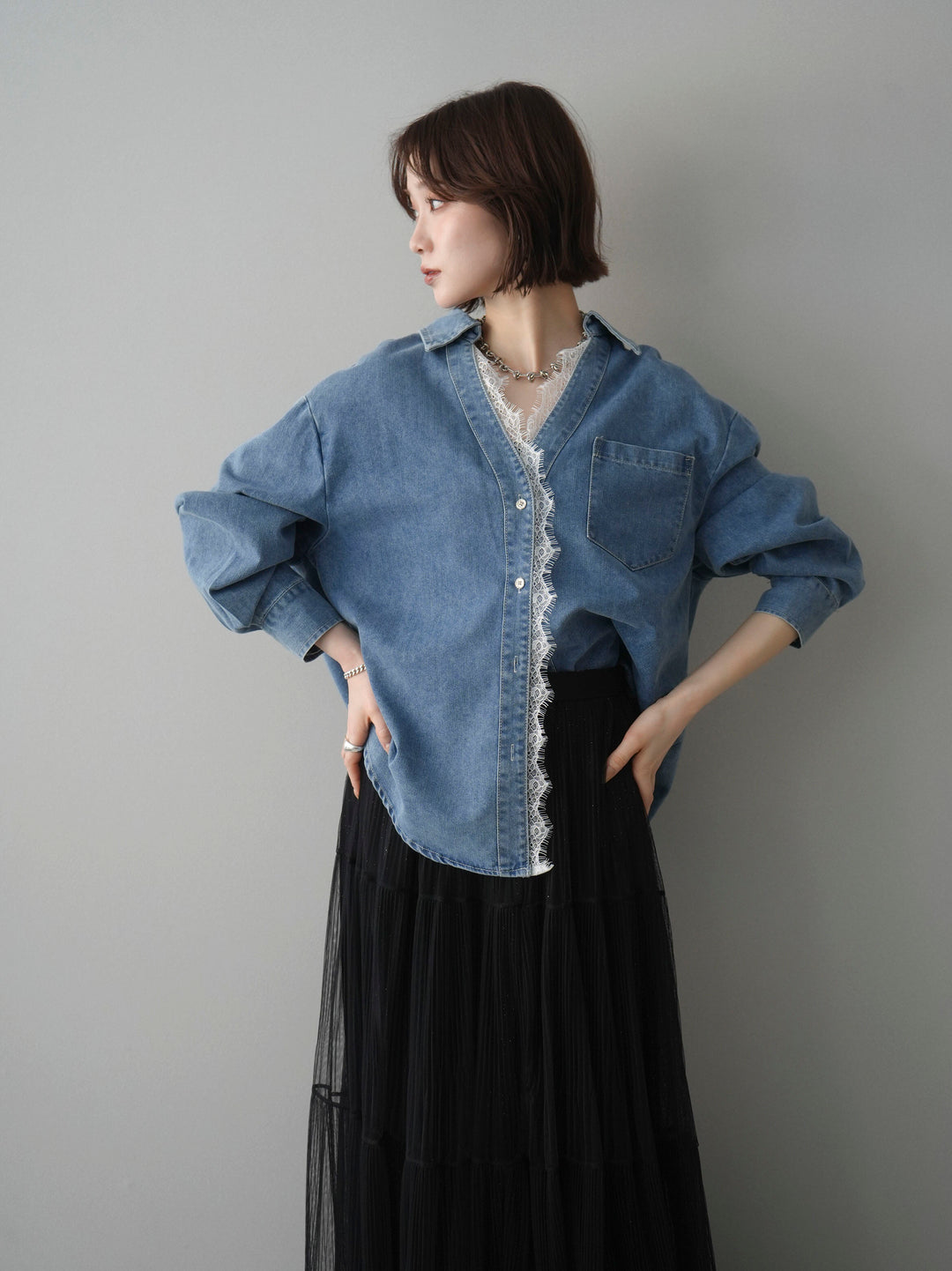 [SET]レースレイヤードデニム開襟シャツ+ラメプリーツレイヤードチュールロングスカート(2set)