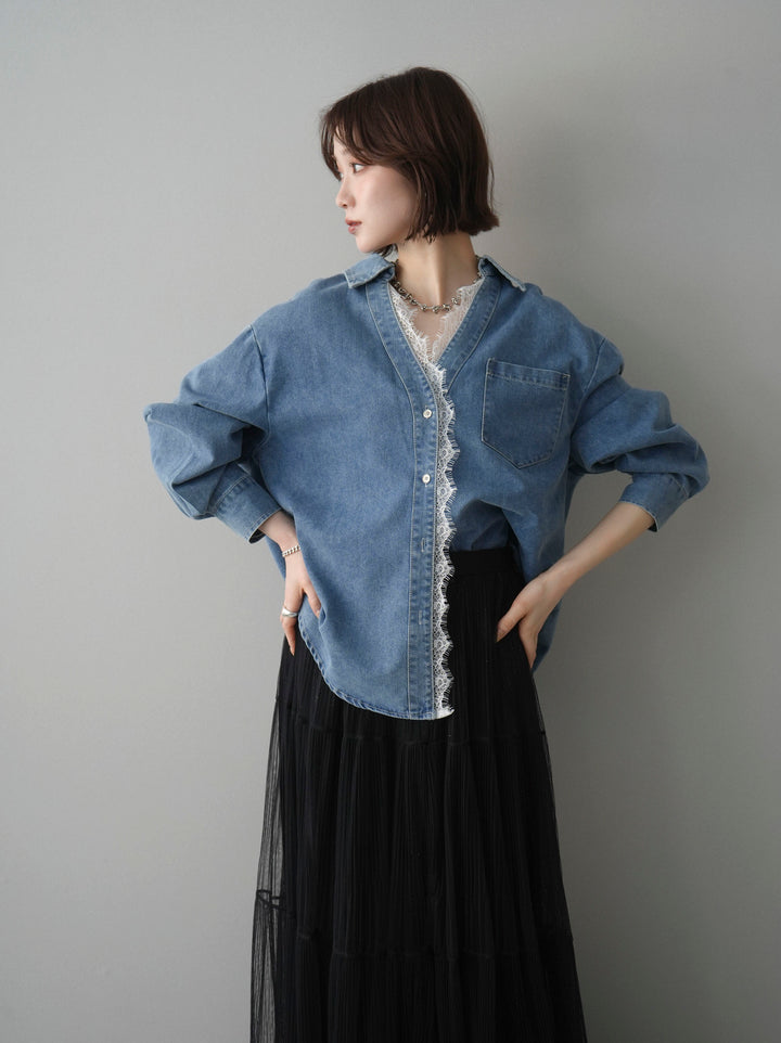 [SET]レースレイヤードデニム開襟シャツ+ラメプリーツレイヤードチュールロングスカート(2set)