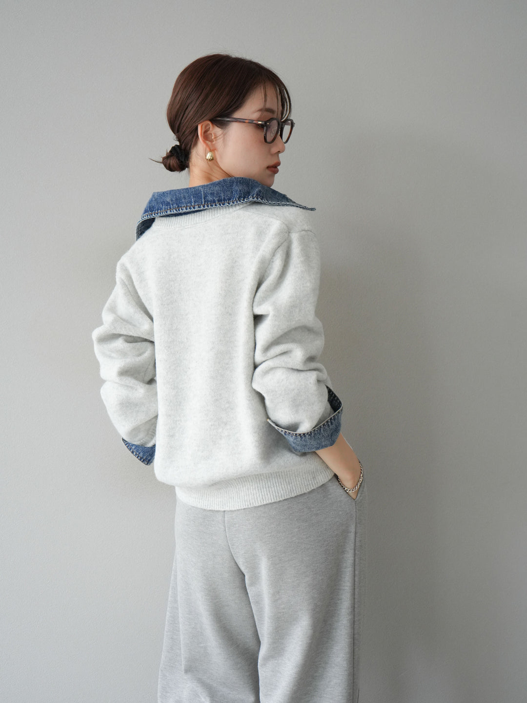 [SET]デニム襟ボタンニットカーディガン+2WAYデザインスウェットパンツ(2set)