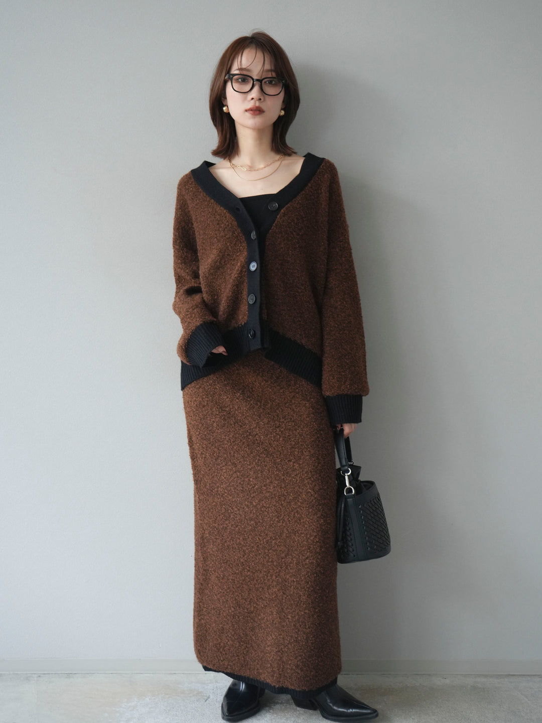 [予約]ブークレバイカラーニットカーディガン/brown