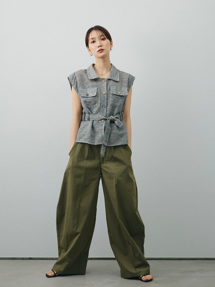 [SET]ミックスヤーンメッシュブラウス+コクーンワイドチノパンツ(2set)