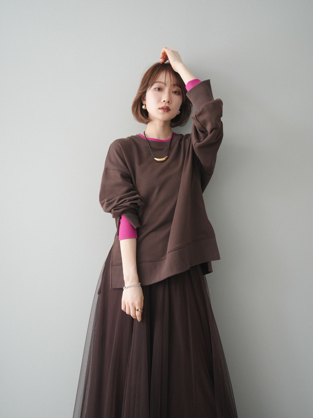 [SET]配色レイヤードデザインスエットプルオーバー+チュールボリュームスカート(2set)