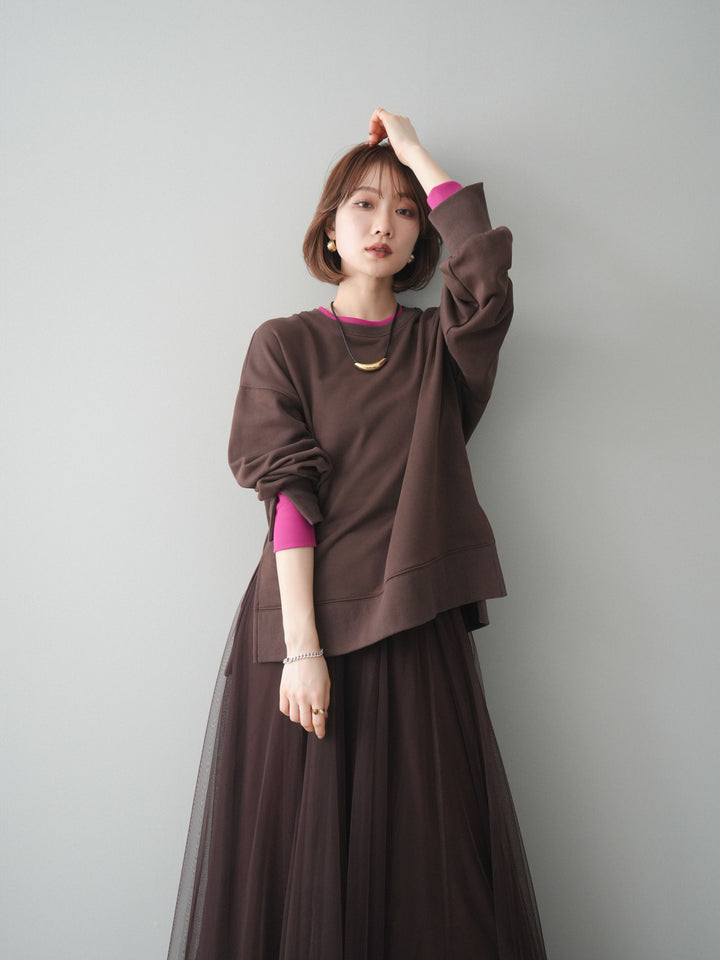 [SET]配色レイヤードデザインスエットプルオーバー+チュールボリュームスカート(2set)