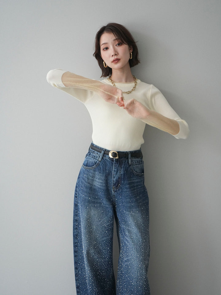 [SET]リブラメシアー切替リブニットトップス+ラインストーンカーブデニムパンツ(2set)